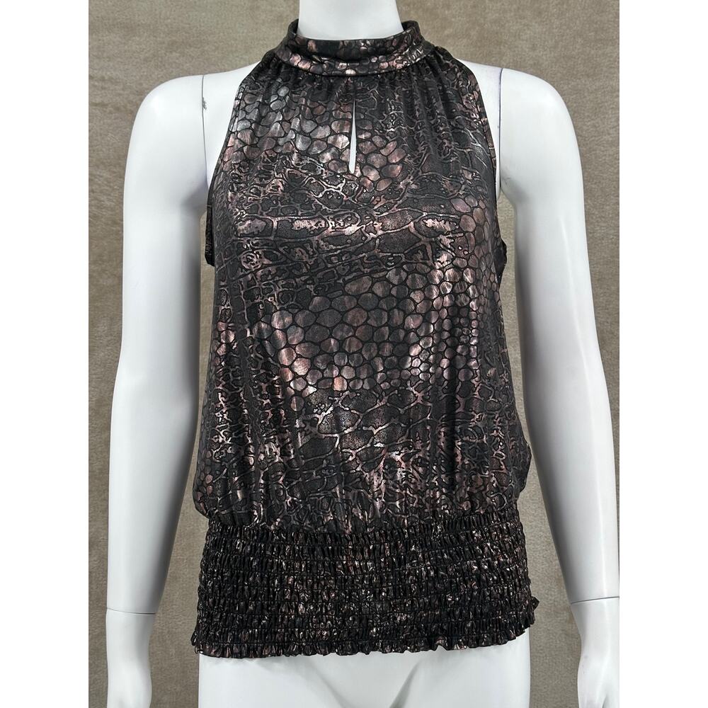 Essentials‎ by Milano Top Womens Medium Bronze Metallic Sleeveless Smocked Shine